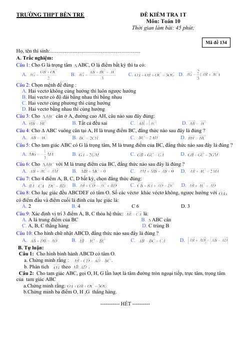 Đề kiểm tra Hình học 10 chương 1 (Vectơ) trường THPT Bến Tre – Vĩnh Phúc (bản Word)
